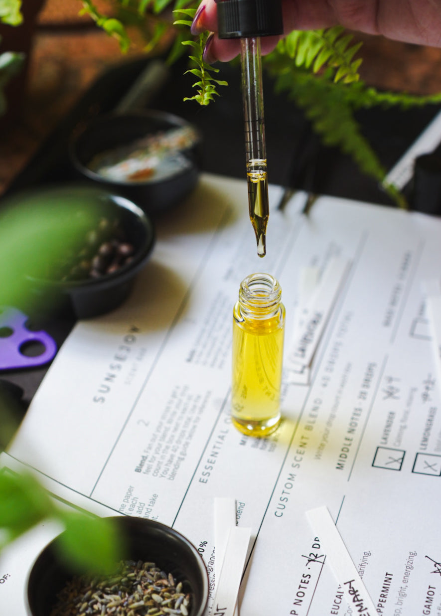 A hand holds a glass dropper above a small bottle of golden-yellow essential oil, with printed scent notes papers and bowls of botanical ingredients in the background.